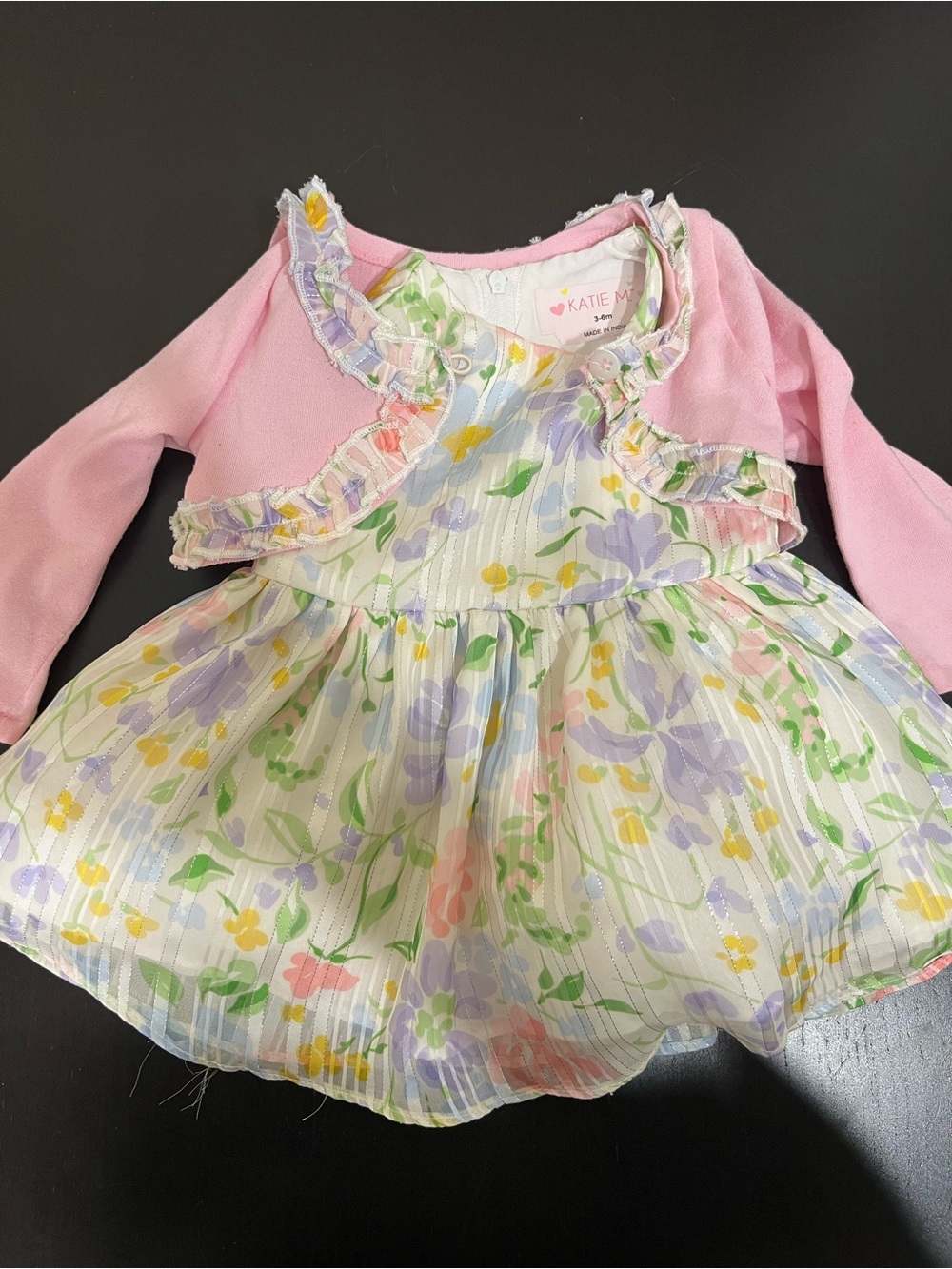 2 piece Katie M Pink Floral Pleated Dress with Ruffle Trim